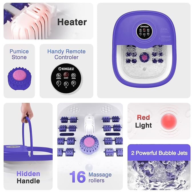 Collapsible Foot Spa with Heat, Remote Control, Temperature Control, Bubbles, Pumice Stone, Red Light, Timer, 16 Massage Roller Pedicure Foot Bath Tub Foot Soaker for Feet Stress Relief, Purple-Velvo Beauty