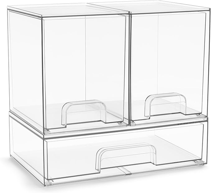 Sorbus Acrylic Storage Containers - 3 Pack, Stackable Storage Bins Set for Bathroom Organization - Clear Acrylic Drawer Organizers - Makeup Case Pull-Out Drawers (7.6’’ Tall and 12.1’’ Wide)-Velvo Beauty