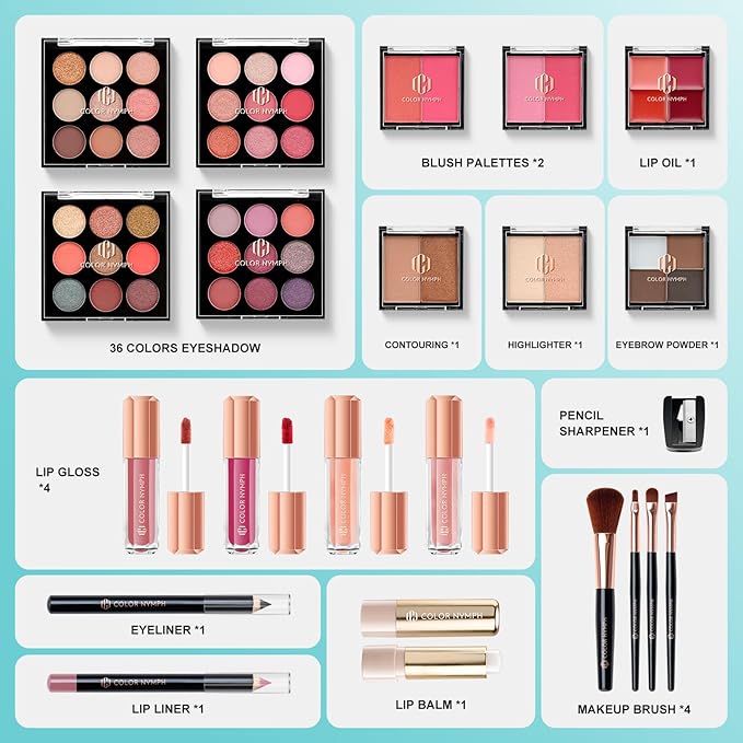 Color Nymph All In One Makeup Kit Comestics Gifts for Girls Teens, Travel Makeup Set 4 Trays Train Case for Beginner Includes Eyeshadow Highlighter Lipgloss Blush Concealer Brush Eyeliner Lipbalm-Velvo Beauty
