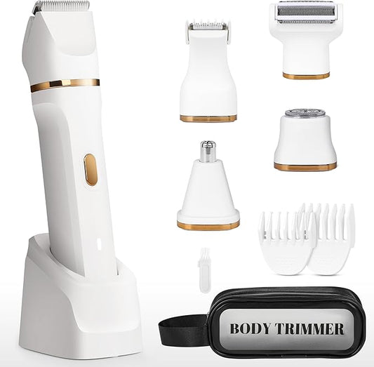 Electric Bikini Trimmer for Women - 5 in 1 Rechargeable Electric Razors for Women, IPX7 Waterproof Pubic Hair Trimmer, Painless Womens Body Shaver, Facial Razor & Nose Hair Shaver, White-Velvo Beauty