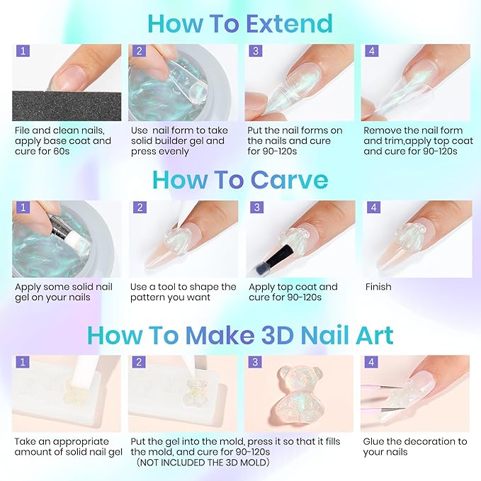 MIZHSE Solid Builder Gel for Nails – 2PCS 1oz Mermaid Pearl & Clear Hard Gel Kit with Nail Forms 3D Mold Soak-off U V 3D for Nails Extension for Salon Manicure Home DIY-Velvo Beauty