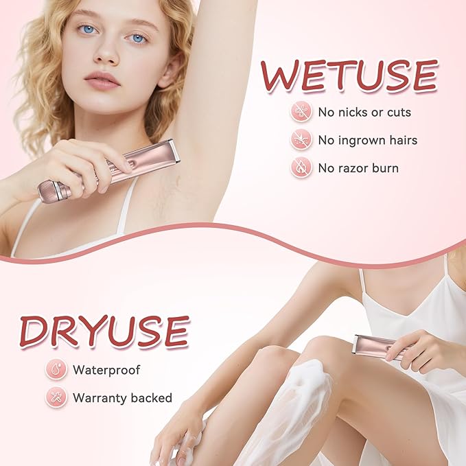 Bikini Trimmer for Women - 2 in 1 Electric Body Hair Trimmer for Silky Skin, Cordless Body Shaver for Travel, IPX7 Waterproof & Easy to Clean, Replaceable Ceramic Blade Heads, Rose Gold-Velvo Beauty