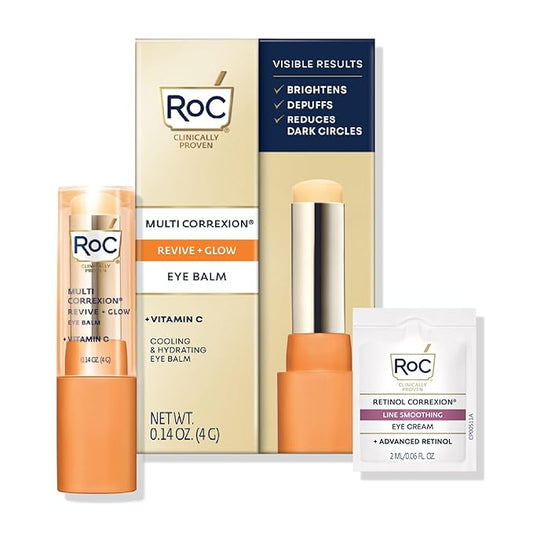 RoC Multi Correxion Revive + Glow Eye Balm with Vitamin C (0.14 oz) + Retinol Eye Cream Packette-Velvo Beauty
