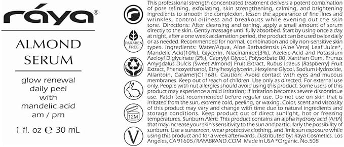 RAYA Almond Serum (508) | Exfoliating Facial Peel for Combination and Oily Skin | Helps Minimize Pores and Brighten Complexion-Velvo Beauty