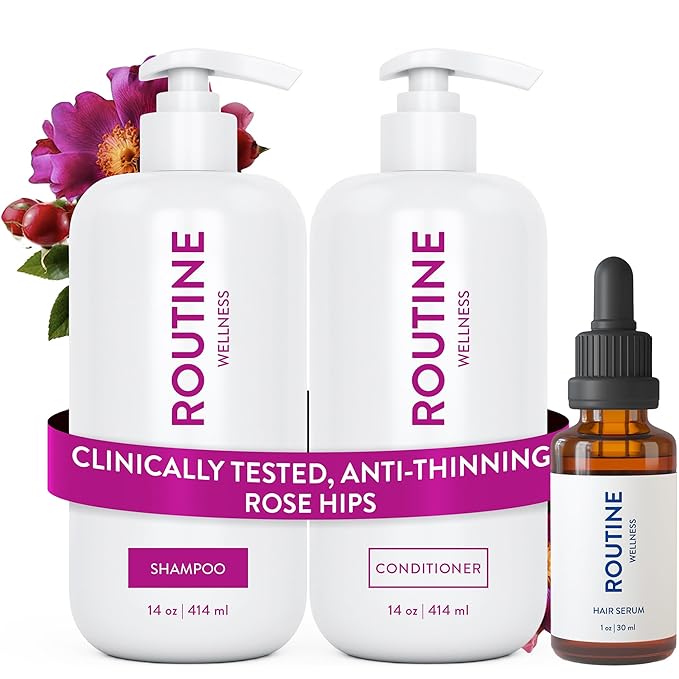 Routine Wellness Shampoo and Conditioner Set and Hair Serum for Thinning Hair - DHT Blocker Women & Men - Color Safe Shampoo for Hair Loss & Healthier Hair - Rose Hips Set + Serum-Velvo Beauty