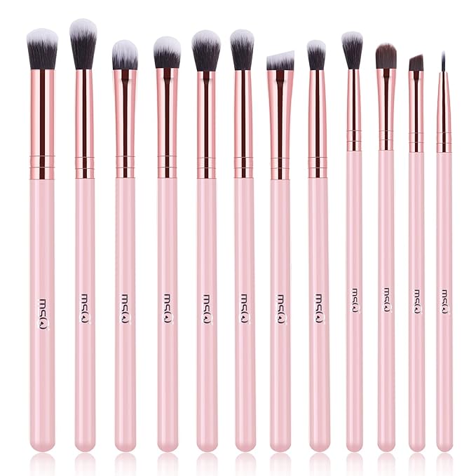 MSQ Eye Makeup Brushes Set with Soft Synthetic Hairs & Real Wood Handle for Eyeshadow, Eyebrow, Eyeliner, Blending (Pink), 12pcs-Velvo Beauty