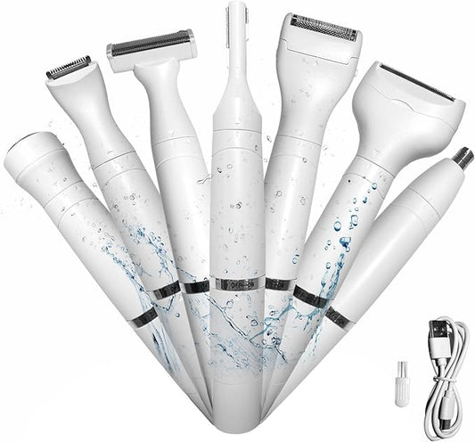 Bikini Trimmer for Women, 7 in 1 Electric Razor, Hair Trimmer for Face Nose Eyebrow Legs Arm Armpit Bikini, Waterproof, Painless Rechargeable Body Shavers Set-Velvo Beauty