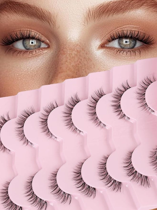 Cat Eyelashes Wispy False Eyelashes Natural 12mm Short Lashes with Thin Band Fake Eyelash 3D Volume Strip Lashes Siligli Eyelash Pack 7 Pair-Velvo Beauty