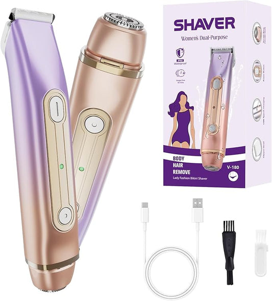 Bikini Trimmer for Women, 2-in-1 Electric Razor for Women, IPX6 Waterproof Wet & Dry Dermave Bikini Shaver, Rechargeable Pubic Hair Trimmer, Electric Shaver for Legs Body Face Hair-Velvo Beauty