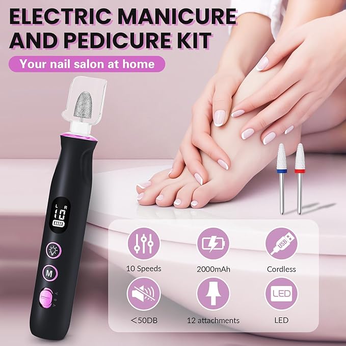 Electric Nail Drill, Cordless 2000 mAh Rechargeable Portable Nail File 12 in 1 Kit for Thick Toenails, 10 Speeds Nail Dril Machine Professional Manicure Pedicure for Hand Natural Nails Care (Black)-Velvo Beauty