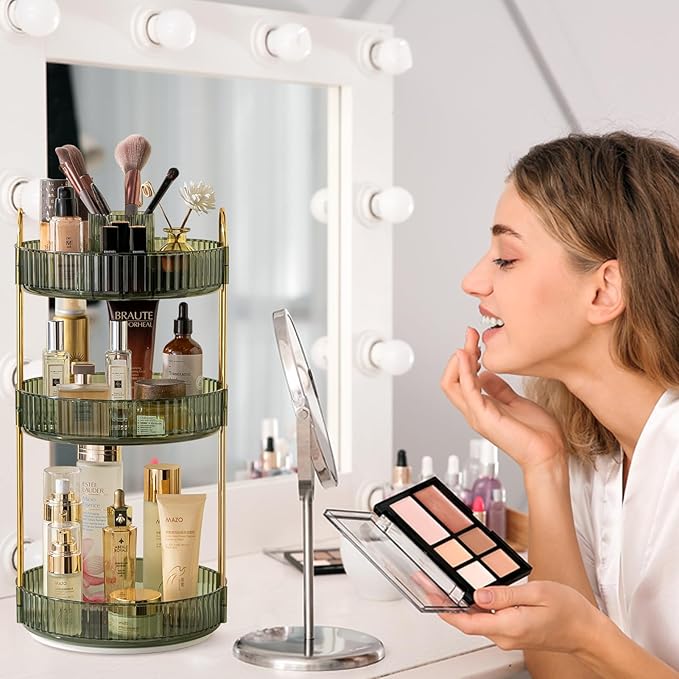 Rotating Makeup Organizer for Vanity, High-Capacity Skincare Clear Make Up Storage Perfume Organizers Cosmetic Dresser Organizer Countertop 360 Spinning (Green, New-3 Tier)-Velvo Beauty