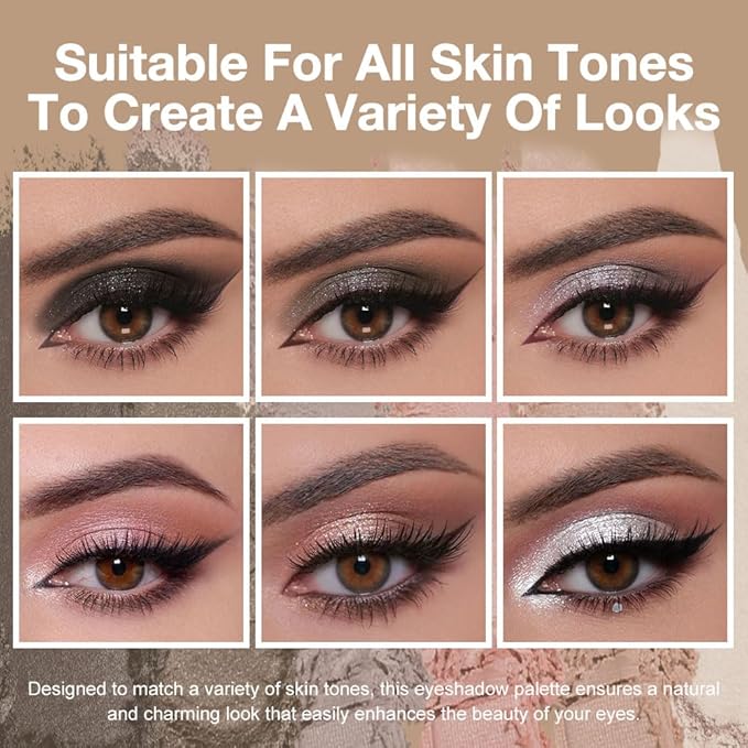 6 Colors Travel Eye Shadow Palette Makeup, Black Dark Smoky Grey Nude Pink Rose Champagne Gold Pearl White Sparkly Shimmer Glitter High Pigment Mini Eyeshadow Palette for Older Women, Built in Mirror-Velvo Beauty