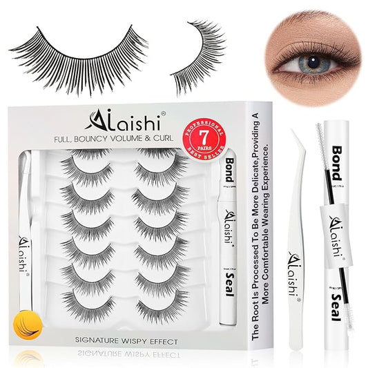 Wispy False Eyelashes Kit With Bond, Seal and Tweezer, 7 Pairs Natural Look Fake Cat Eye Lashes Strips Thin Band Extensions Waterproof Easy Eyelashes for Beginners DF2-Velvo Beauty