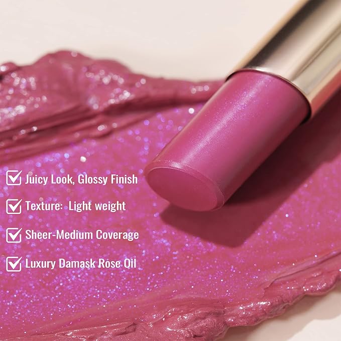 Oulac Moisture Mauve Pink Lip Gloss - 2 in 1 Shimmer Lipstick & Lip Balm, Long Lasting Hydrating, Juicy & Glossy finish, Smooth for Dry, Cracked and Chapped Lips, Vegan 2.2g/0.07oz (S04)-Velvo Beauty