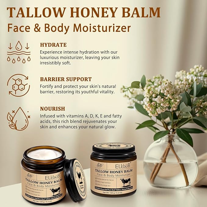 Whipped Tallow Cream for Face & Body - 100% Grass-Fed Beef Tallow, Natural Honey & Beeswax Moisturizer, Deep Hydration & Nourishment, Oil-Free & Unscented, Fast Absorbing-Velvo Beauty