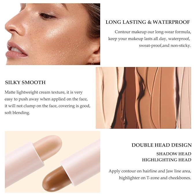 Boobeen Highlight and Contour Stick Dual-ended Contouring Cream Makeup Pencil Kit, Long Lasting & Waterproof Face Bronzer and Highlighter Makeup Stick Shadow Pen, Pack of 1-Velvo Beauty