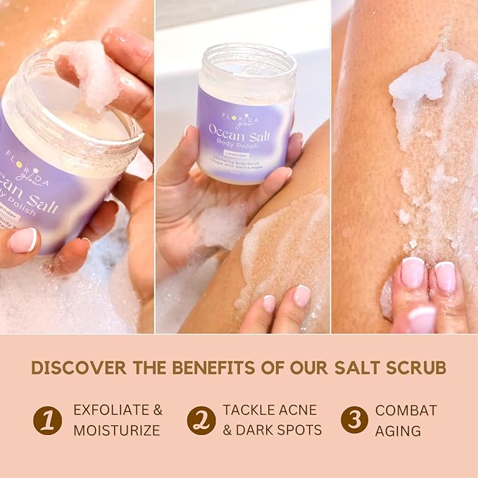Sea Salt Body Scrub by Florida Suncare - Ocean Salt Body Polish Infused with Marine Algae - Exfoliating Face and Body Scrub - Facial Scrub Exfoliator to Tackle Acne (Coconut Mango, 12.1 oz)-Velvo Beauty