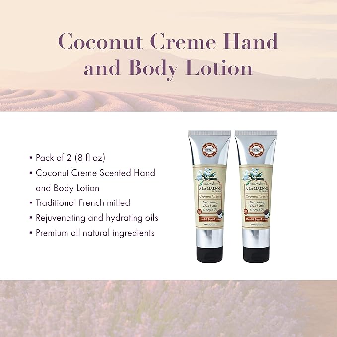 A LA MAISON Moisturizing Lotion, Coconut Creme - Uses: Hand and Body, Argan Oil, Pure Shea Butter, Essential Oils, Plant Based, Cruelty-Free, SLS and Paraben Free-Velvo Beauty