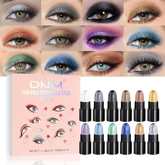 evpct 12Pcs Capsule Cream Eye Shadow Brightener Sticks Set for Eyes, Pearl White Smokey Black Gray Khaki Royal Blue Violet Purple Silver Shimmer Matte Pencil Eye shadow Applicator Stick Palette Makeup-Velvo Beauty