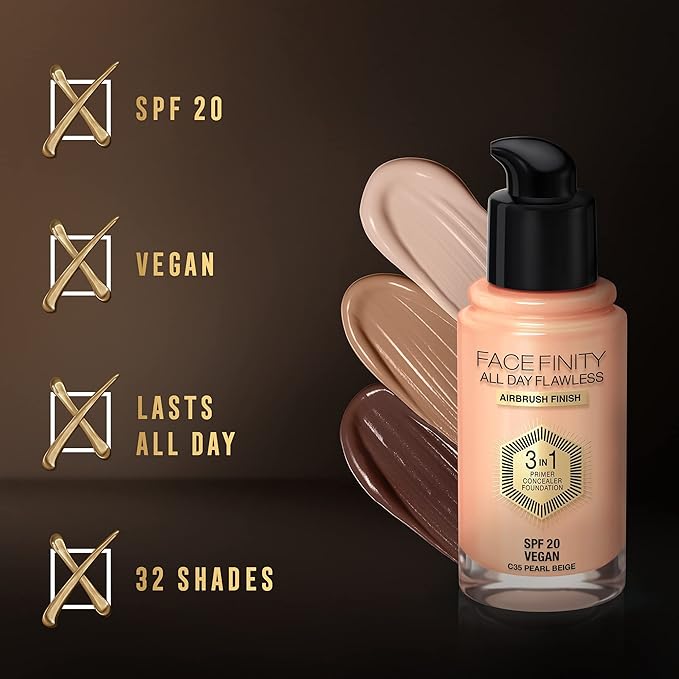 Max Factor Facefinity All Day Flawless 3 In 1 Foundation SPF 20, 30 Ml, 35 Pearl Beige-Velvo Beauty