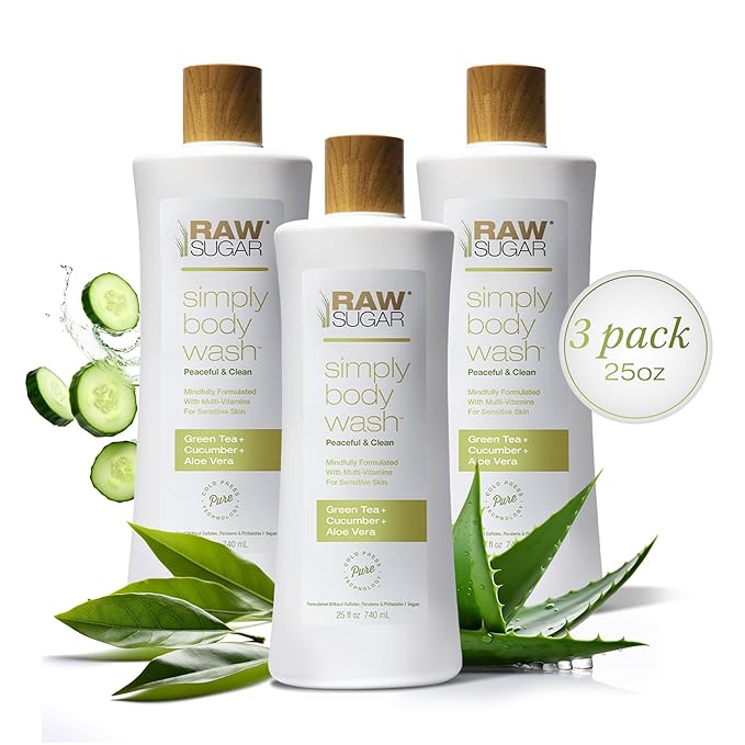 RAW SUGAR Sensitive Skin Simply Body Wash - Green Tea + Cucumber + Aloe Vera, Moisturizing & Brightening Bath & Shower Gel, Sulfate-Free, Paraben-Free & Vegan (Pack of 3)-Velvo Beauty