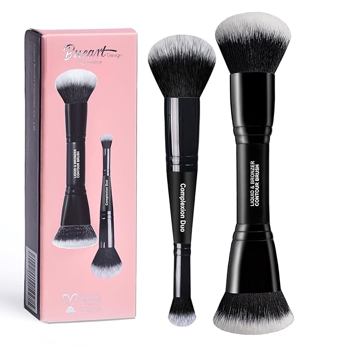 Bueart Design Complexion Duo Brush and Liquid & Bronzer Contour Makeup brushes set with ultra-soft dense hair Double-ended for Foundation Liquid Cream Concealer,Vegan and Cruelty-Free,M18-Velvo Beauty