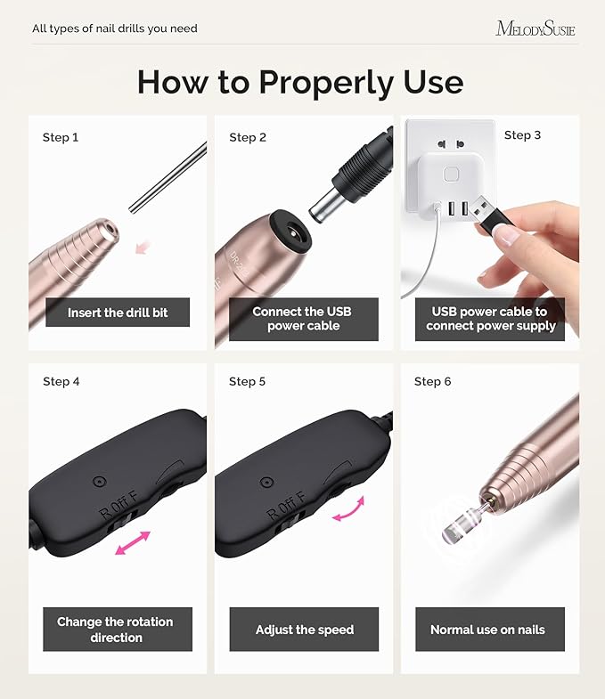 MelodySusie Electric USB Nail Drill Machine,PC120I Portable Electric Nail File Efile Set for Acrylic Gel Nails, Manicure Pedicure Tool with Nail Drill Bits Sanding Bands Gold-Velvo Beauty