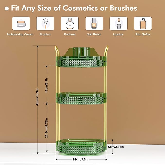 Awenia Rotating Makeup Organizer 360, Stackable Adjustable Large Capacity Cosmetic Storage Unit,Dresser Bathroom Kitchen Countertop Organizer with Metal Handle, Plus Size (Gem Green, 3 Tier)-Velvo Beauty