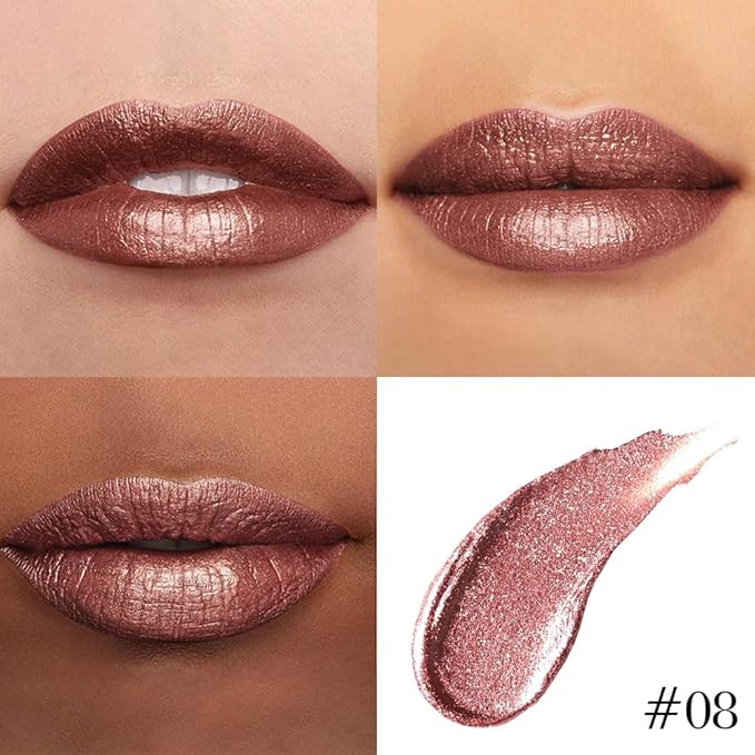 evpct Brown Bronze Metallic Glitter Lip Liner and Lipstick Combo Lip Gloss Stain Set Makeup for Women Long Lasting Waterproof 24, Hot Chocolate Metallic Shimmer Frosted Iridescent Liquid Lipstick 08-Velvo Beauty