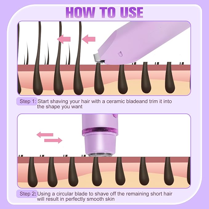 Bikini Trimmer for Women Electric Razors for Women Women's Electric Razor 2 in 1 Shaver Pubic Hair Trimmer Ipx7 Waterproof Wet Dry Use Bikini Shaver for Ladies Pubic, Legs, Face, Underarms (Purple)-Velvo Beauty