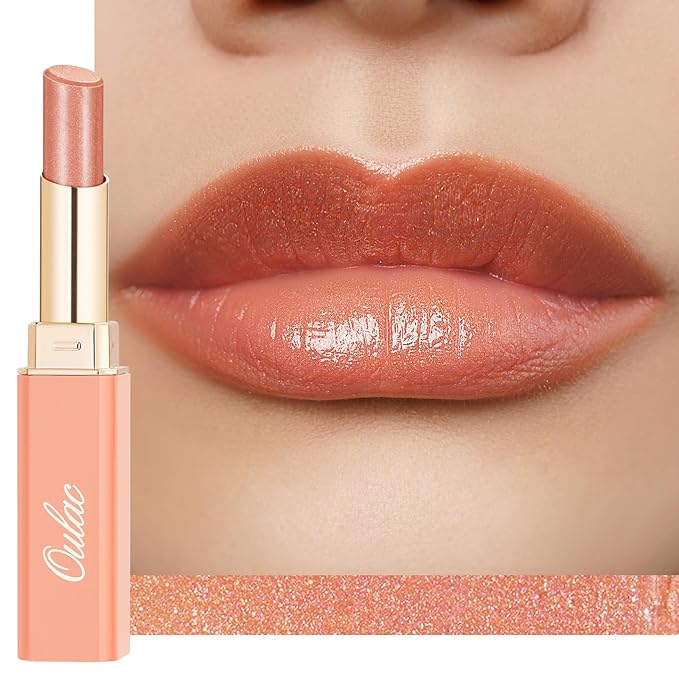 Oulac Moisture Peach Nude Lipstick - 2 in 1 Shimmer Lipstick & Lip Balm, Shimmer Soild Lip Gloss, Lightweight Smooth, Natural Look Best for Dry, Cracked and Chapped Lips, Vegan 2.2g/0.07oz (S05)-Velvo Beauty