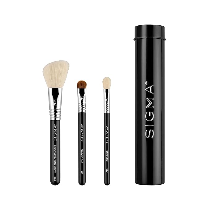 Sigma Beauty Travel Essential Trio - Makeup Brush Set for Foundation Powder Eyeshadow - 3 Tool Brushes with Brush Tin Holder - Skin Safe, Vegan Makeup Brushes for Travel - Black-Velvo Beauty