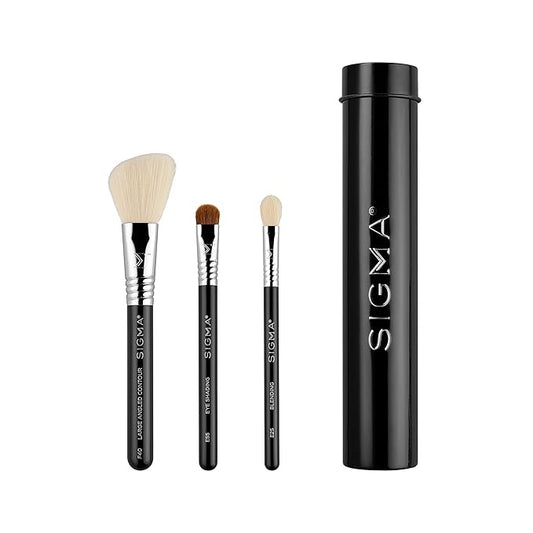 Sigma Beauty Travel Essential Trio - Makeup Brush Set for Foundation Powder Eyeshadow - 3 Tool Brushes with Brush Tin Holder - Skin Safe, Vegan Makeup Brushes for Travel - Black-Velvo Beauty