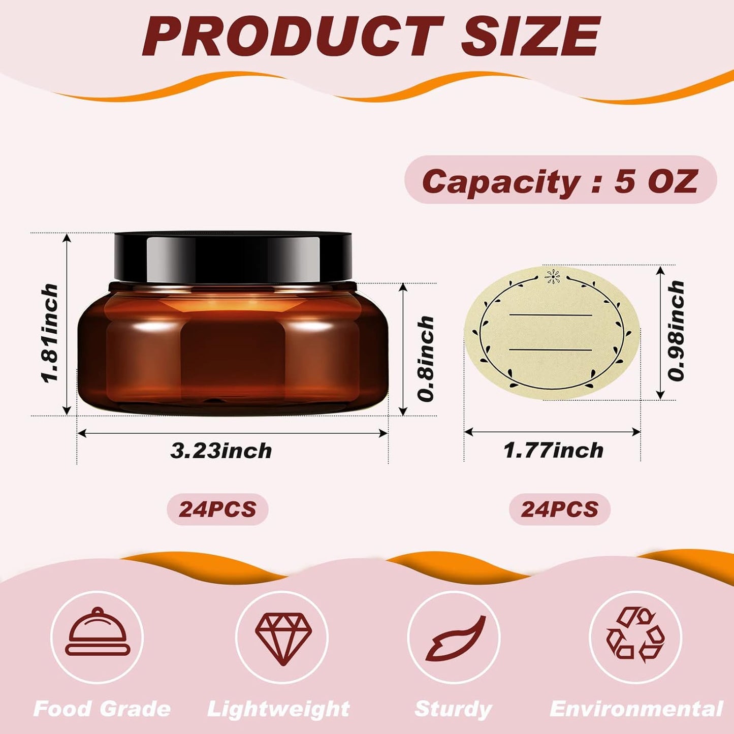 Tessco 24 Pack Plastic Jars with Lids Labels Empty Clear Plastic Jars Round Refillable Cosmetic Containers Body Butter Containers Bulk Sugar Scrub Bottle for Make Up(5 oz,Brown)-Velvo Beauty