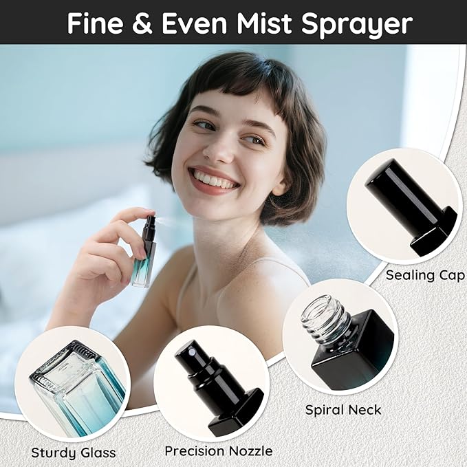 Segbeauty 0.34oz Travel Perfume Bottle Refillable, 5pcs Perfume Glass Spray Bottles, 10ml Mini Travel Atomizer Sprayer, Empty Press Pump Bottles, Cologne Atomizers with Clear Transfer Tool Set-Velvo Beauty