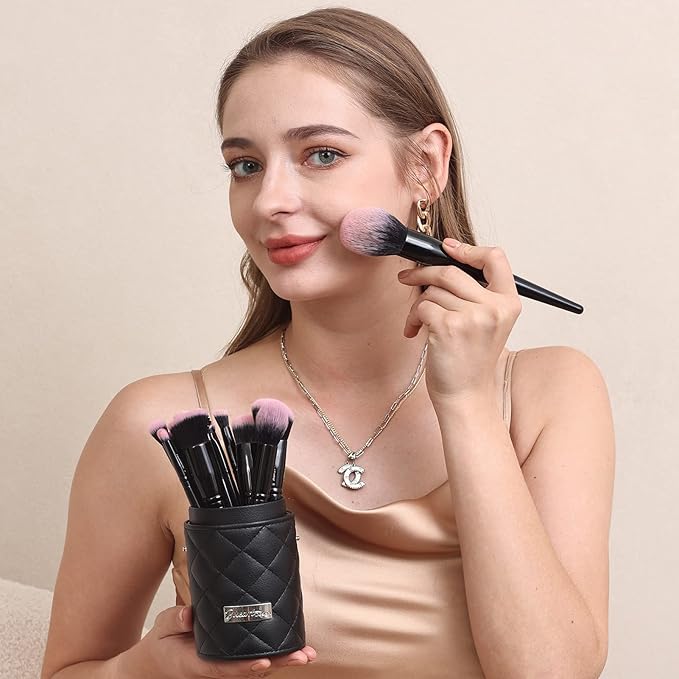 Bueart Design 18Pcs Pro Deluxe Fuchsia Pink Black Makeup Brushes set with Travel Make up Brush Holder case Foundation concealer contour Blush eyeshadow face make up brush set-Velvo Beauty