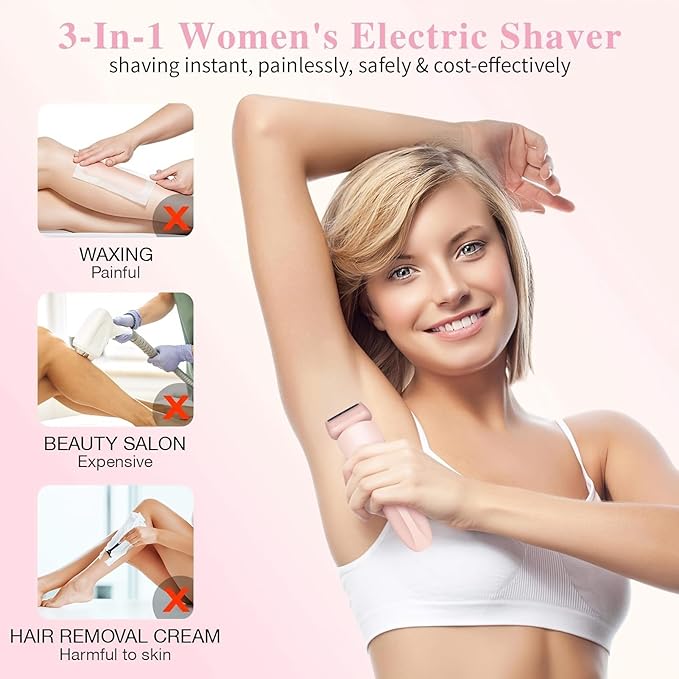 Livora Electric Shaver for Women,2 in 1 Wet & Dry Painless Hair Removal with 2 Removable Heads,Rechargeable Cordless Womens Razor for Bikini,Legs,Arms,Underarm Area,IPX7 Waterproof(Pink)-Velvo Beauty