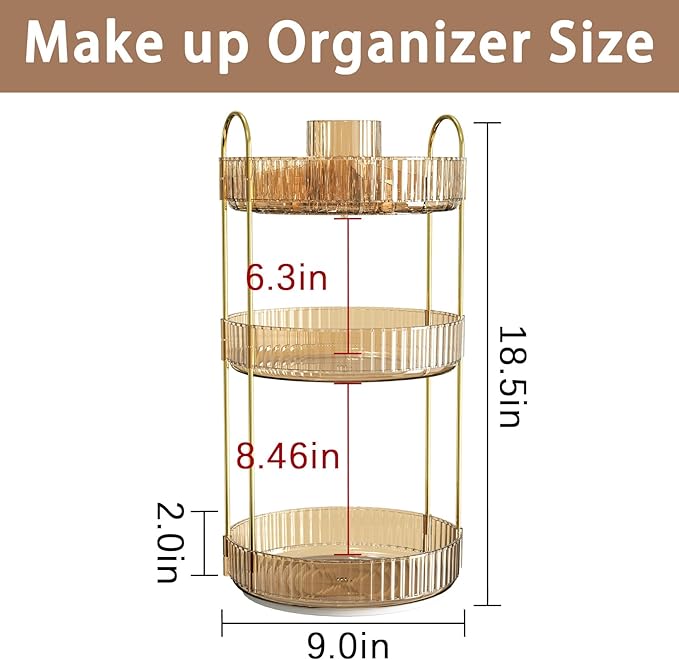 Rotating Makeup Organizer for Vanity, High-Capacity Skincare Clear Make Up Storage Perfume Organizers Cosmetic Dresser Organizer Countertop 360 Spinning (Gold, New-3 Tier)-Velvo Beauty