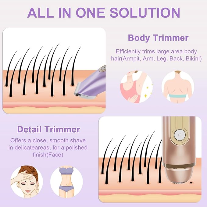 Bikini Trimmer for Women, 2-in-1 Electric Razor for Women, IPX6 Waterproof Wet & Dry Dermave Bikini Shaver, Rechargeable Pubic Hair Trimmer, Electric Shaver for Legs Body Face Hair-Velvo Beauty