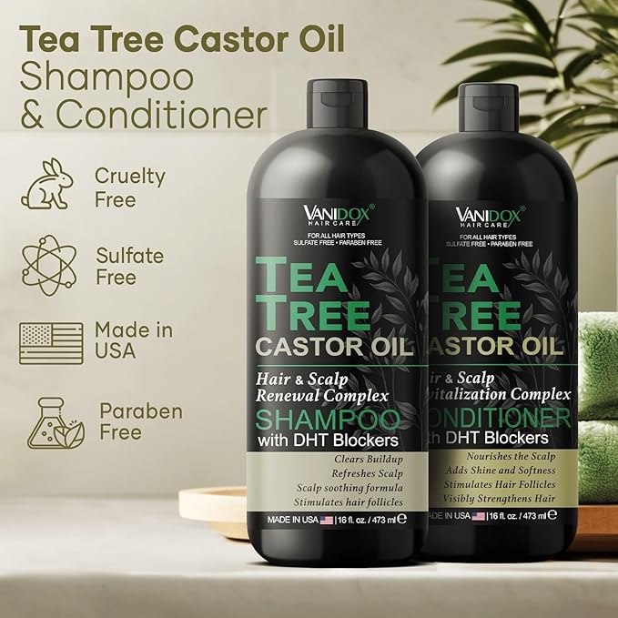 Tea Tree Oil Shampoo and Conditioner Set with Castor Oil, DHT Blockers, Itchy Scalp Relief, Supports Fuller Hair, Cleanses Dandruff & Buildup, For Men & Women, Made in USA, 16 fl oz Each-Velvo Beauty