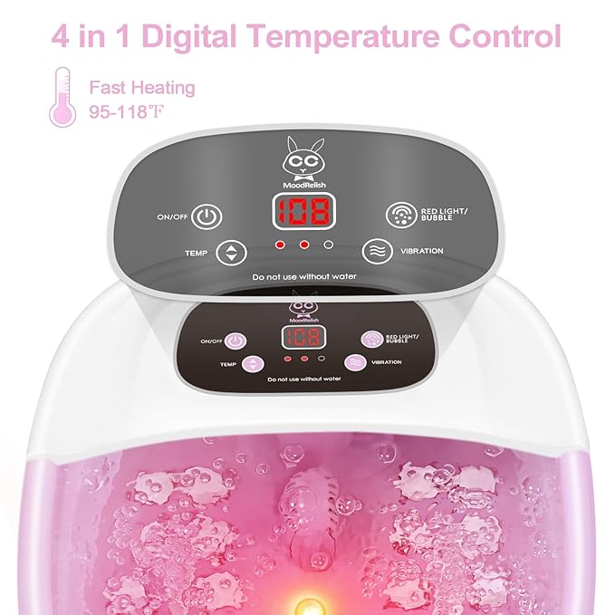 Foot Spa Bath Massager with Heat Bubbles and Vibration Massage and Jets, 16 OZ Calming Lavender Foot Soak Epsom Salt, Foot Soaker with Red Light, 22 Massage Rollers, Adjustable Temp - Pink-Velvo Beauty