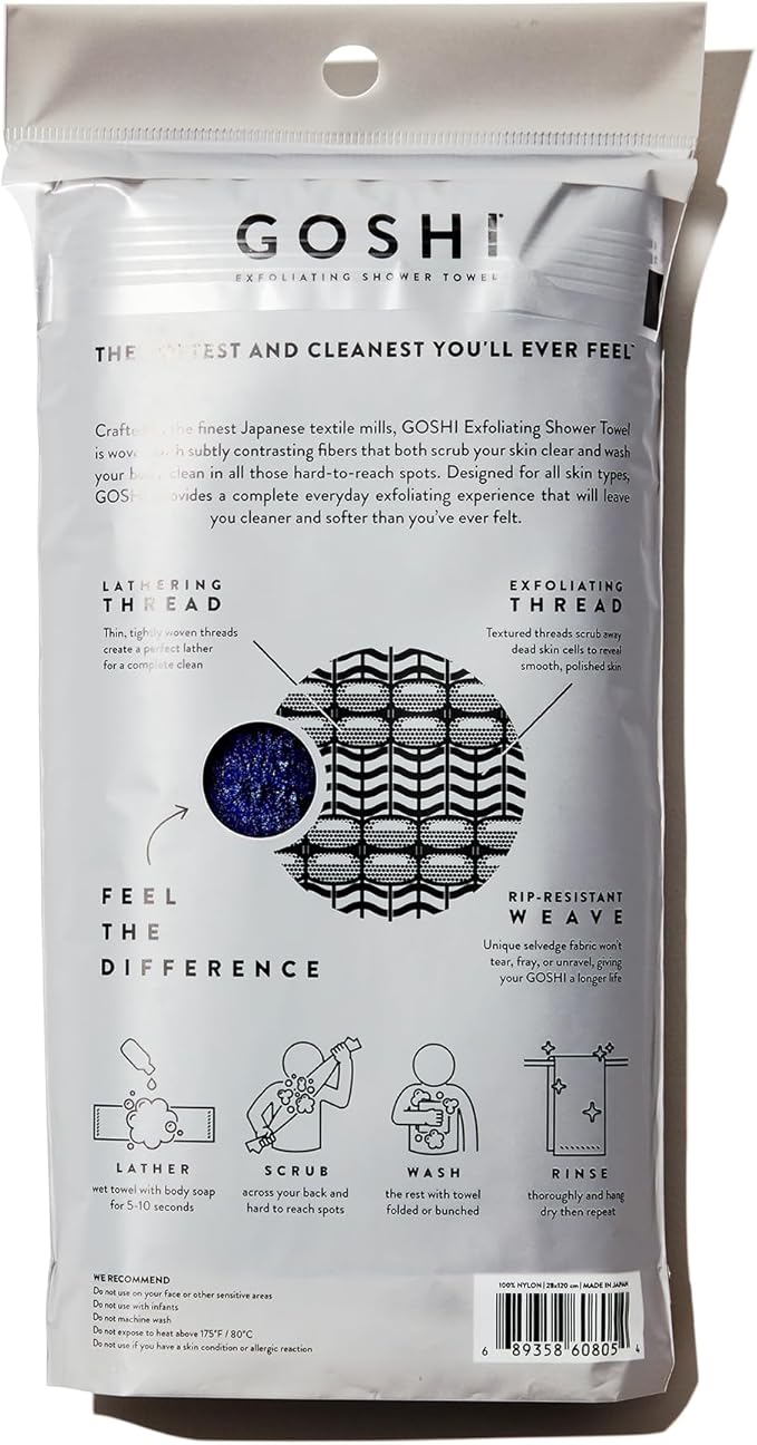 GOSHI Exfoliating Shower Towel - Rip-Resistant Exfoliating Washcloth for All Skin Types - Indigo Blue - Made in Japan-Velvo Beauty