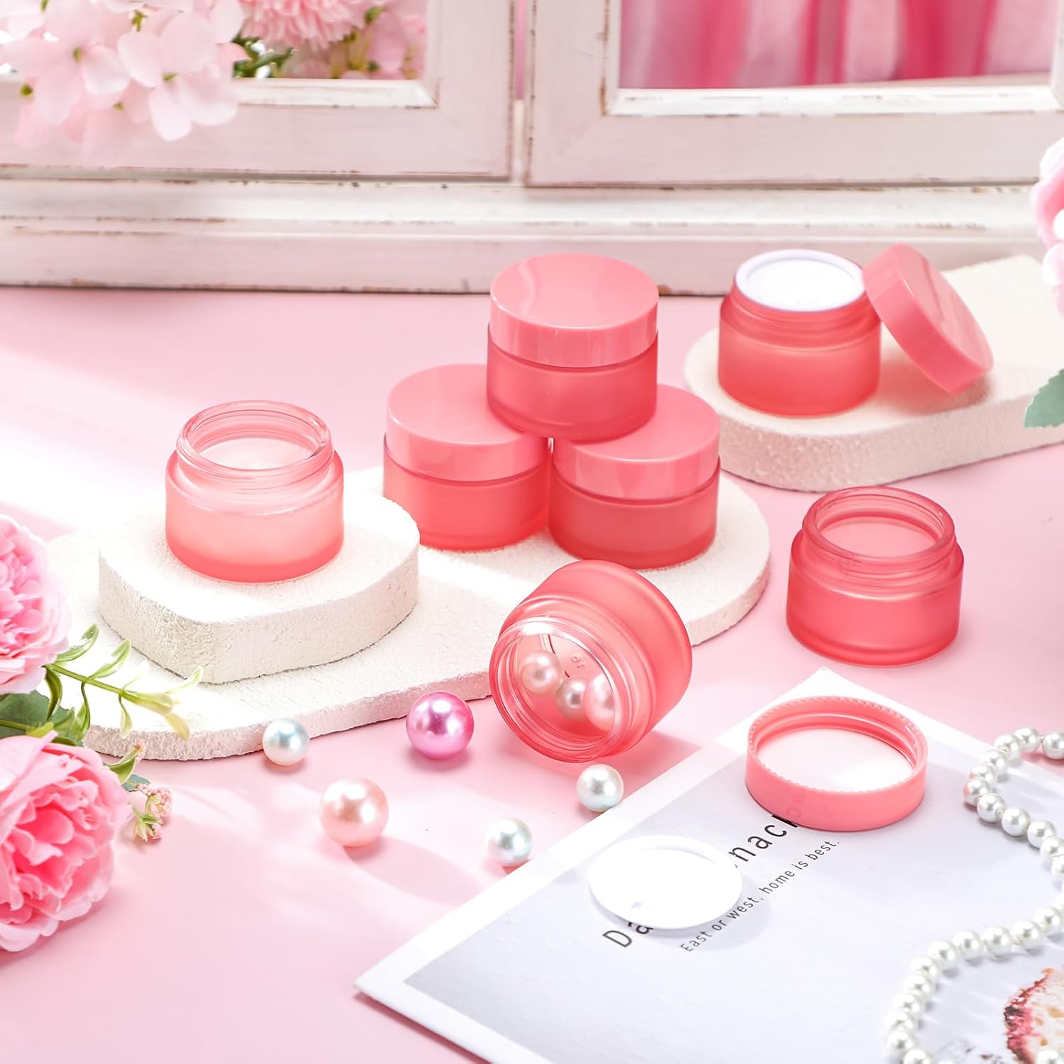 Domensi 100 Pcs 1 oz Glass Jars with Lids Bulk Round Glass Cosmetic Jars Lids 1 oz Small Travel Containers with Inner Liner for Lotions Powders Ointments Sample Cream (Pink,Pink)-Velvo Beauty
