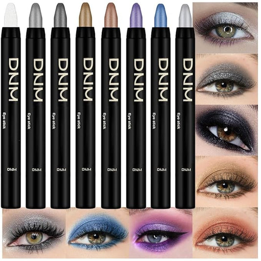 8Pcs Glitter Eye Shadow Sticks Liner Pencils Makeup, Pearl White Smokey Black Gray Silver Violet Purple Khaki Royal Blue Shimmer Glitter Eyeliner Pencil Cream Eyeshadow Palette Makeup for Older Women-Velvo Beauty