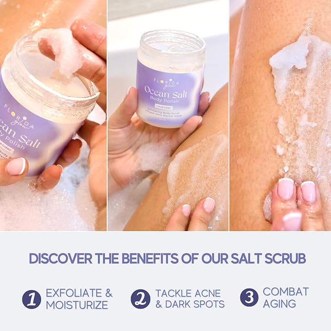 Sea Salt Body Scrub by Florida Glow - Ocean Salt Body Polish Infused with Marine Algae - Exfoliating Face and Body Scrub - to Tackle Acne and Scars for Smooth Soft Skin (Lavender, 12.1 oz)-Velvo Beauty