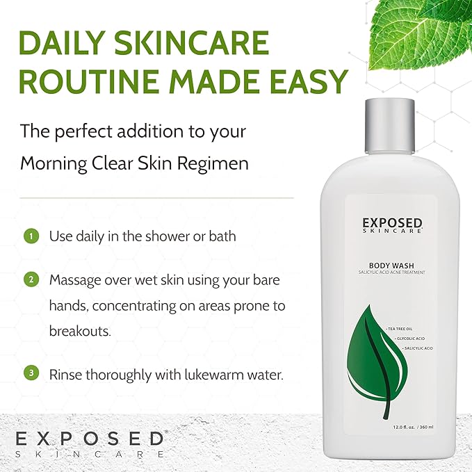 Exposed Skin Care Body Wash - Back and Body Acne Wash with Salicylic Acid and Tea Tree Oil – Exfoliating Bacne Treatment for Clearer, Healthier Skin – Body Cleanser for All Skin Types (12 fl oz)-Velvo Beauty