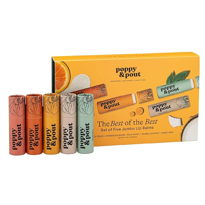 Jumbo Lip Balm Gift Set (5-Pack) | Poppy & Pout All Natural Lip Balms & Moisturizers | Hydrates with Beeswax, Vitamin E, Organic Coconut Oil | Cruelty-Free | Lip Balm in Recyclable Cardboard Tube-Velvo Beauty