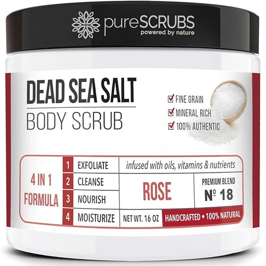 pureSCRUBS Premium Rose Body Scrub Set - Large 16oz Dead Sea Salt Body Scrub With Infused Essential Oils & Nutrients, Includes Wooden Spoon, Loofah & Oatmeal Exfoliating Bar Soap-Velvo Beauty