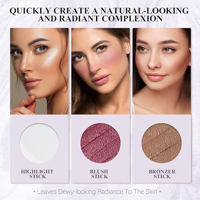 4Pcs Cream Blush Contour Highlighter Bronzer Moisturizer Stick Makeup Set #T Blush Glow3-Velvo Beauty