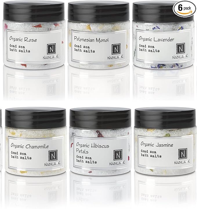 Assorted Bath Salts (Set of 6) by Nabila K - Dead Sea Salt & Epsom Salt Scrub & Soak - Exfoliates & Hydrates Skin, Botanical Essential Oils - Bubble Bath Accessories for All Skins Types, 2 oz-Velvo Beauty